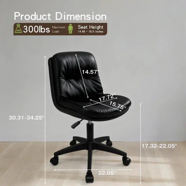 Alt view image 2 of 6 - Office Chair, Ergonomic Desk Chair with Padded Cushion & Backrest, Adjustable Height & 360° Swivel, Armless Task Chair for Home Office, Computer Desk & Vanity Black