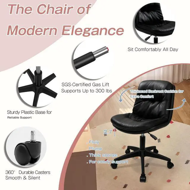 Alt view image 3 of 6 - Office Chair, Ergonomic Desk Chair with Padded Cushion & Backrest, Adjustable Height & 360° Swivel, Armless Task Chair for Home Office, Computer Desk & Vanity Black