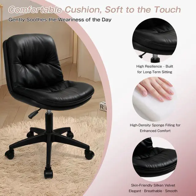 Alt view image 4 of 6 - Office Chair, Ergonomic Desk Chair with Padded Cushion & Backrest, Adjustable Height & 360° Swivel, Armless Task Chair for Home Office, Computer Desk & Vanity Black