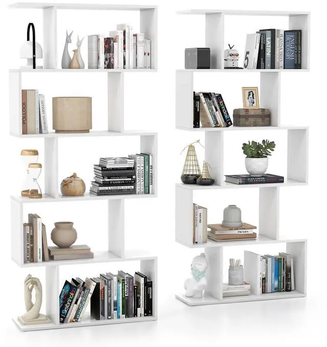 Main image of 5-Tier Geometric Bookshelf, S Shaped Bookcase w/Anti-Toppling Device, Freestanding Room Divider, Industrial Home Office Decor Wood Open Storage Display Shelf for Living Room (2, White)