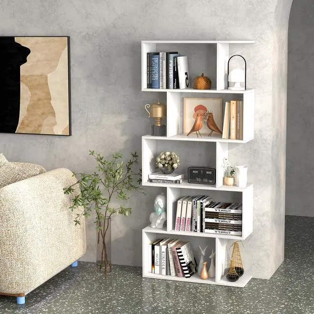 Alt view image 2 of 6 - 5-Tier Geometric Bookshelf, S Shaped Bookcase w/Anti-Toppling Device, Freestanding Room Divider, Industrial Home Office Decor Wood Open Storage Display Shelf for Living Room (2, White)