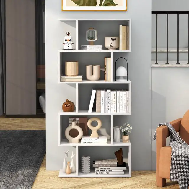 Alt view image 4 of 6 - 5-Tier Geometric Bookshelf, S Shaped Bookcase w/Anti-Toppling Device, Freestanding Room Divider, Industrial Home Office Decor Wood Open Storage Display Shelf for Living Room (2, White)