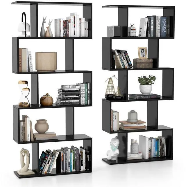 Main image of 5-Tier Geometric Bookshelf, S Shaped Bookcase w/Anti-Toppling Device, Freestanding Room Divider, Industrial Home Office Decor Wood Open Storage Display Shelf for Living Room (2, Black)