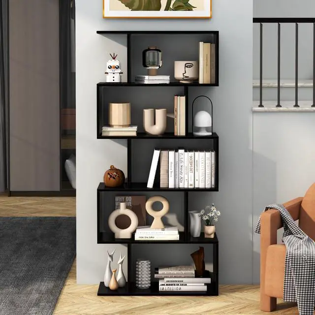 Alt view image 2 of 6 - 5-Tier Geometric Bookshelf, S Shaped Bookcase w/Anti-Toppling Device, Freestanding Room Divider, Industrial Home Office Decor Wood Open Storage Display Shelf for Living Room (2, Black)