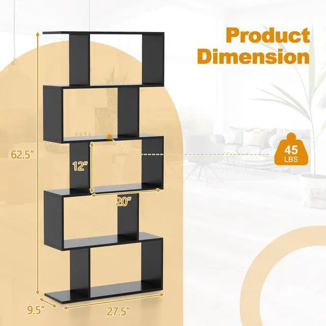 Alt view image 3 of 6 - 5-Tier Geometric Bookshelf, S Shaped Bookcase w/Anti-Toppling Device, Freestanding Room Divider, Industrial Home Office Decor Wood Open Storage Display Shelf for Living Room (2, Black)