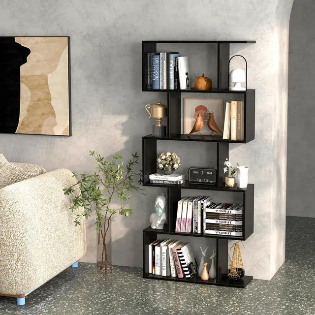Alt view image 4 of 6 - 5-Tier Geometric Bookshelf, S Shaped Bookcase w/Anti-Toppling Device, Freestanding Room Divider, Industrial Home Office Decor Wood Open Storage Display Shelf for Living Room (2, Black)