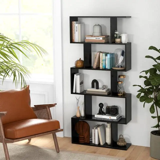 Alt view image 5 of 6 - 5-Tier Geometric Bookshelf, S Shaped Bookcase w/Anti-Toppling Device, Freestanding Room Divider, Industrial Home Office Decor Wood Open Storage Display Shelf for Living Room (2, Black)