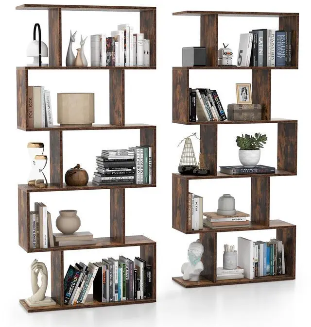 Main image of 5-Tier Geometric Bookshelf, S Shaped Bookcase w/Anti-Toppling Device, Freestanding Room Divider, Industrial Wood Open Display Shelf for Living Room Home Office (2, Rustic Brown)