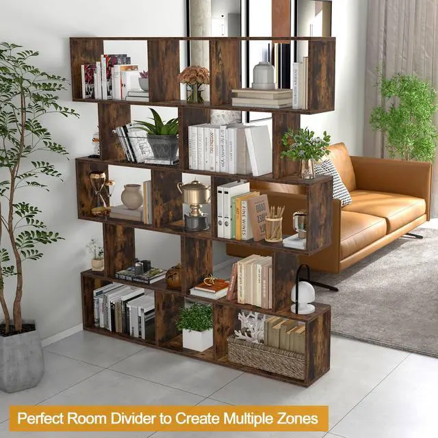 Alt view image 2 of 6 - 5-Tier Geometric Bookshelf, S Shaped Bookcase w/Anti-Toppling Device, Freestanding Room Divider, Industrial Wood Open Display Shelf for Living Room Home Office (2, Rustic Brown)