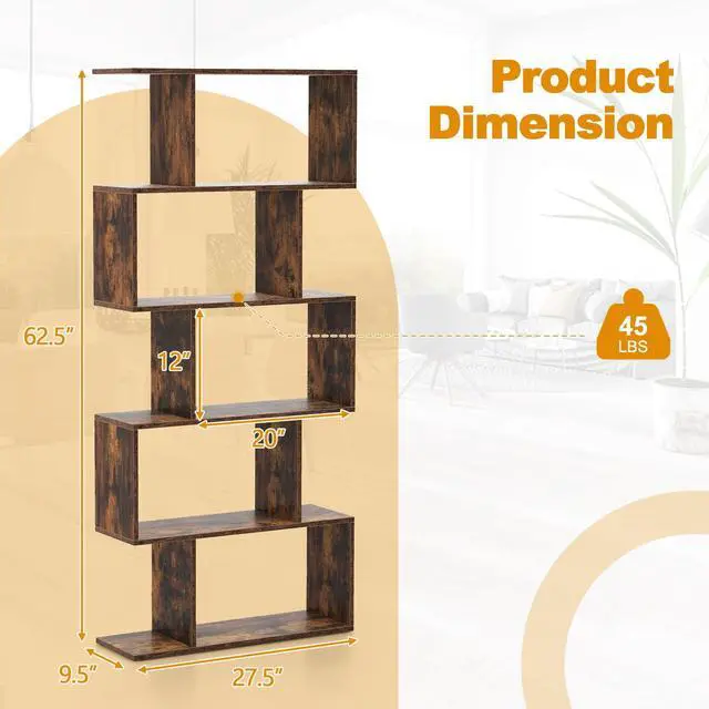 Alt view image 3 of 6 - 5-Tier Geometric Bookshelf, S Shaped Bookcase w/Anti-Toppling Device, Freestanding Room Divider, Industrial Wood Open Display Shelf for Living Room Home Office (2, Rustic Brown)