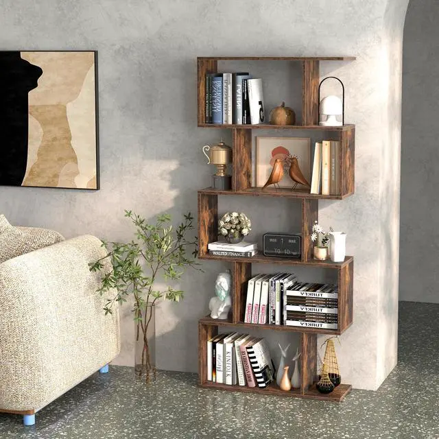 Alt view image 5 of 6 - 5-Tier Geometric Bookshelf, S Shaped Bookcase w/Anti-Toppling Device, Freestanding Room Divider, Industrial Wood Open Display Shelf for Living Room Home Office (2, Rustic Brown)
