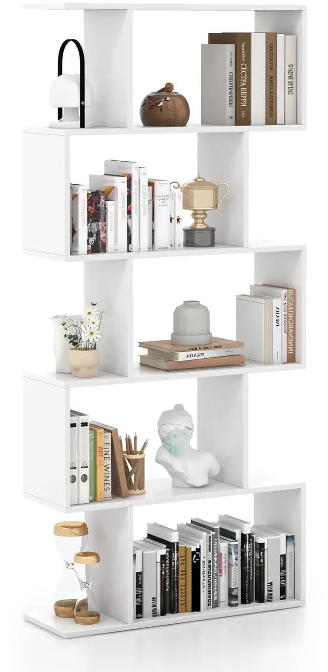 Main image of 5-Tier Geometric Bookshelf, S Shaped Bookcase w/Anti-Toppling Device, Freestanding Room Divider, Industrial Home Office Decor Wood Open Storage Display Shelf for Living Room (1, White)