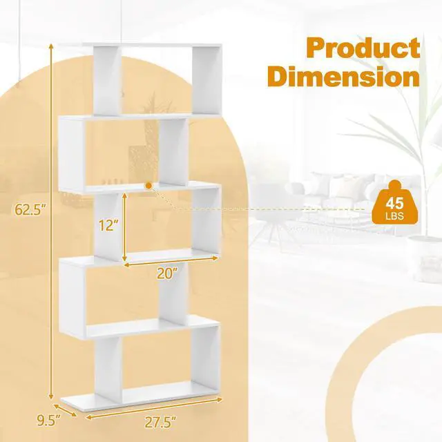 Alt view image 3 of 6 - 5-Tier Geometric Bookshelf, S Shaped Bookcase w/Anti-Toppling Device, Freestanding Room Divider, Industrial Home Office Decor Wood Open Storage Display Shelf for Living Room (1, White)