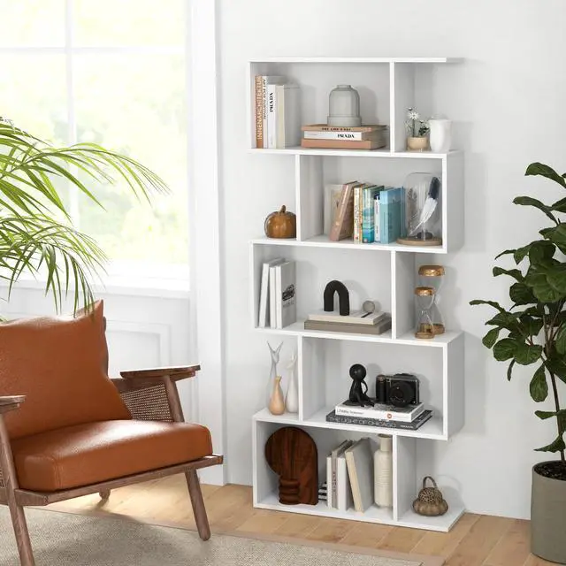 Alt view image 5 of 6 - 5-Tier Geometric Bookshelf, S Shaped Bookcase w/Anti-Toppling Device, Freestanding Room Divider, Industrial Home Office Decor Wood Open Storage Display Shelf for Living Room (1, White)