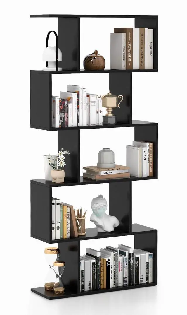 Main image of 5-Tier Geometric Bookshelf, S Shaped Bookcase w/Anti-Toppling Device, Freestanding Room Divider, Industrial Home Office Decor Wood Open Storage Display Shelf for Living Room (1, Black)