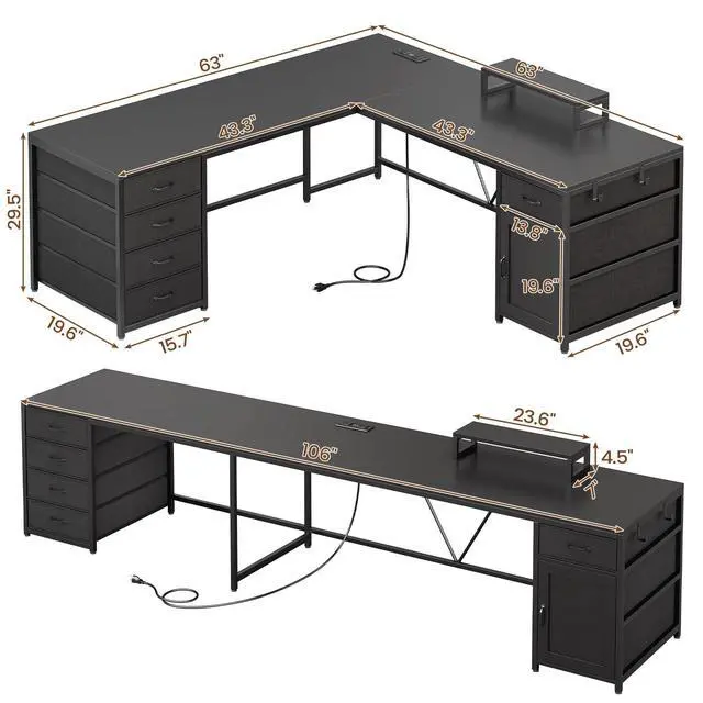 Alt view image 2 of 6 - L Shaped Desk, 63'' Corner Desk with 5 Drawer & Power Outlet, Larger Home Office Desk or Gaming Desk, L Shaped Corner Desk with Monitor Shelf, Storage Cabinet, Black