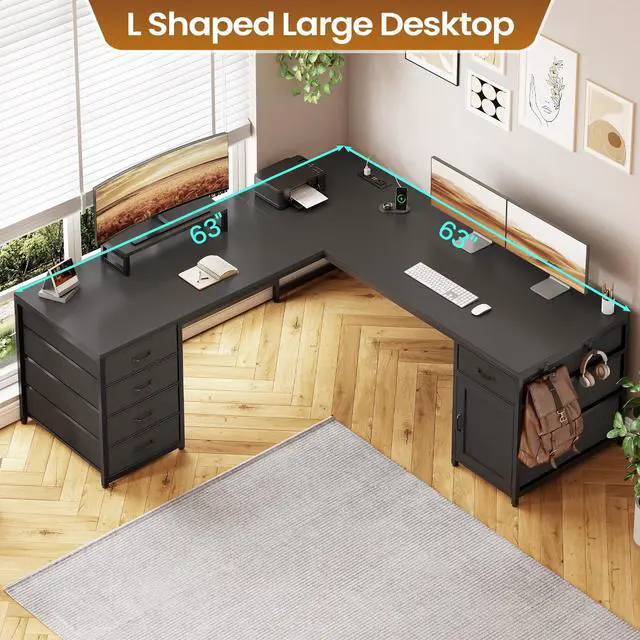 Alt view image 5 of 6 - L Shaped Desk, 63'' Corner Desk with 5 Drawer & Power Outlet, Larger Home Office Desk or Gaming Desk, L Shaped Corner Desk with Monitor Shelf, Storage Cabinet, Black