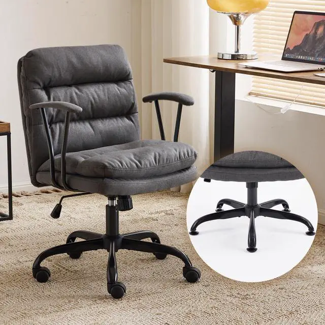 Main image of Padded Grey Desk Chair with/No Wheels,Dual-Base,Removable Armrests,Adjustable Comfy Rolling Swivel Computer Task Nail Tech Chair for Home Office,Sewing,Makeup Vanity,Teen,Linen Fabric
