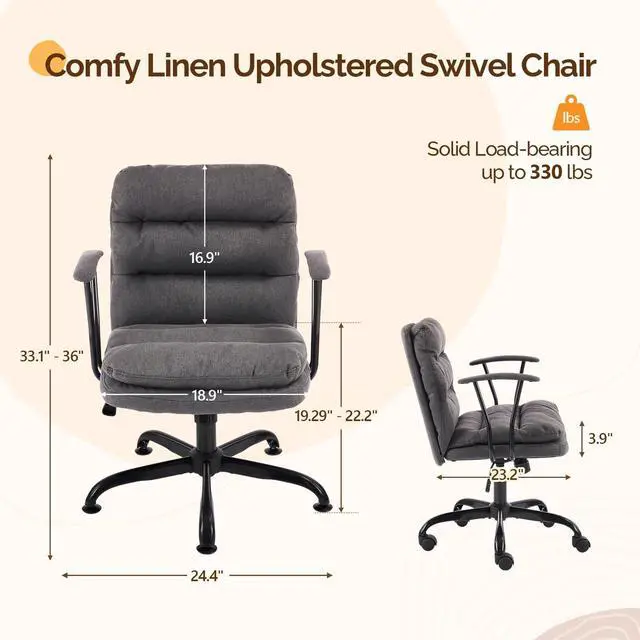 Alt view image 2 of 6 - Padded Grey Desk Chair with/No Wheels,Dual-Base,Removable Armrests,Adjustable Comfy Rolling Swivel Computer Task Nail Tech Chair for Home Office,Sewing,Makeup Vanity,Teen,Linen Fabric