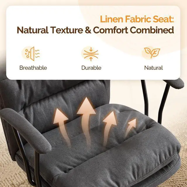Alt view image 3 of 6 - Padded Grey Desk Chair with/No Wheels,Dual-Base,Removable Armrests,Adjustable Comfy Rolling Swivel Computer Task Nail Tech Chair for Home Office,Sewing,Makeup Vanity,Teen,Linen Fabric