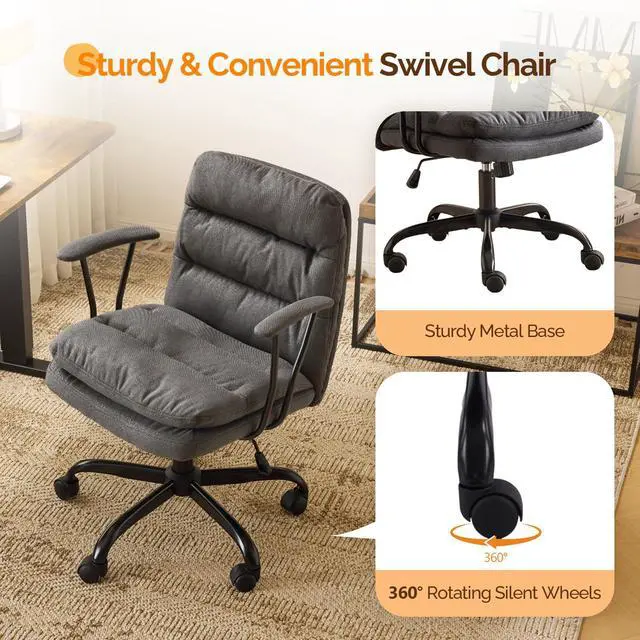Alt view image 4 of 6 - Padded Grey Desk Chair with/No Wheels,Dual-Base,Removable Armrests,Adjustable Comfy Rolling Swivel Computer Task Nail Tech Chair for Home Office,Sewing,Makeup Vanity,Teen,Linen Fabric