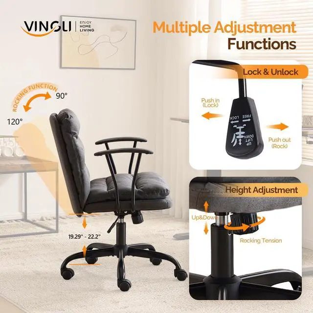 Alt view image 5 of 6 - Padded Grey Desk Chair with/No Wheels,Dual-Base,Removable Armrests,Adjustable Comfy Rolling Swivel Computer Task Nail Tech Chair for Home Office,Sewing,Makeup Vanity,Teen,Linen Fabric