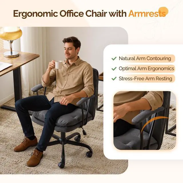 Alt view image 6 of 6 - Padded Grey Desk Chair with/No Wheels,Dual-Base,Removable Armrests,Adjustable Comfy Rolling Swivel Computer Task Nail Tech Chair for Home Office,Sewing,Makeup Vanity,Teen,Linen Fabric