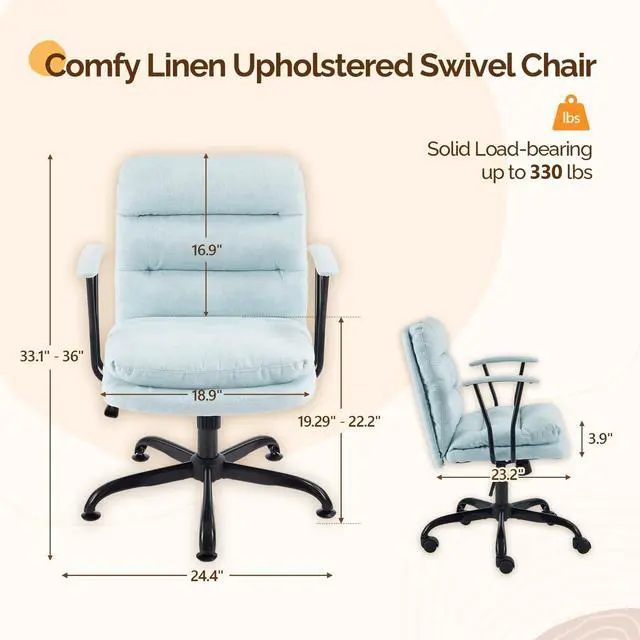Alt view image 2 of 6 - Comfortable Office Desk Chairs with/No Wheels,Dual-Base,Removable Armrests,Adjustable Comfy Rolling Swivel Computer Task Nail Chair for Office,Sewing,Makeup Vanity,Teen,Linen Fabric,Mint Green