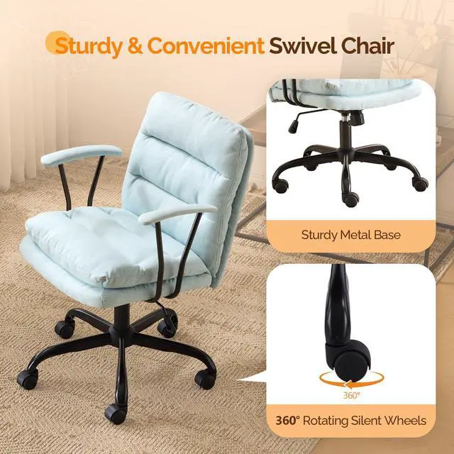 Alt view image 4 of 6 - Comfortable Office Desk Chairs with/No Wheels,Dual-Base,Removable Armrests,Adjustable Comfy Rolling Swivel Computer Task Nail Chair for Office,Sewing,Makeup Vanity,Teen,Linen Fabric,Mint Green