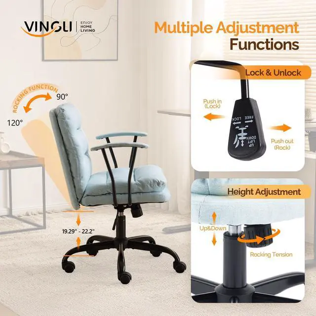 Alt view image 5 of 6 - Comfortable Office Desk Chairs with/No Wheels,Dual-Base,Removable Armrests,Adjustable Comfy Rolling Swivel Computer Task Nail Chair for Office,Sewing,Makeup Vanity,Teen,Linen Fabric,Mint Green