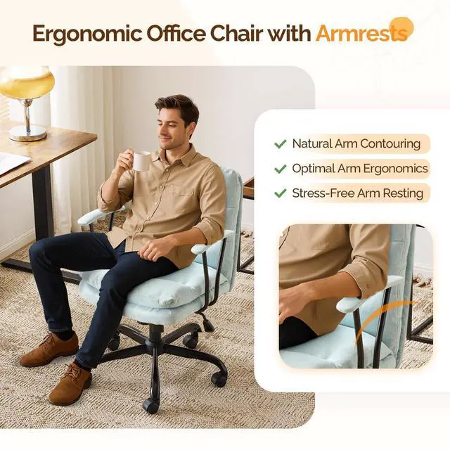 Alt view image 6 of 6 - Comfortable Office Desk Chairs with/No Wheels,Dual-Base,Removable Armrests,Adjustable Comfy Rolling Swivel Computer Task Nail Chair for Office,Sewing,Makeup Vanity,Teen,Linen Fabric,Mint Green