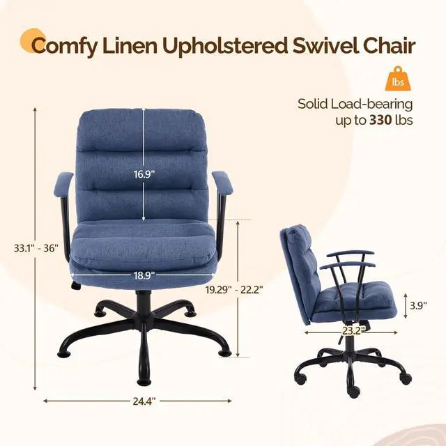 Alt view image 2 of 6 - Comfortable Office Desk Chairs with/No Wheels,Dual-Base,Removable Armrests,Adjustable Comfy Rolling Swivel Computer Nail Tech Chair for Office,Sewing,Makeup Vanity,Teen,Linen Fabric,Navy Blue