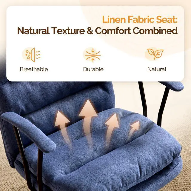 Alt view image 3 of 6 - Comfortable Office Desk Chairs with/No Wheels,Dual-Base,Removable Armrests,Adjustable Comfy Rolling Swivel Computer Nail Tech Chair for Office,Sewing,Makeup Vanity,Teen,Linen Fabric,Navy Blue