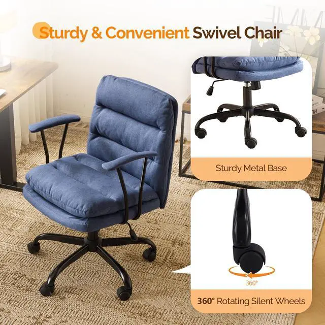 Alt view image 4 of 6 - Comfortable Office Desk Chairs with/No Wheels,Dual-Base,Removable Armrests,Adjustable Comfy Rolling Swivel Computer Nail Tech Chair for Office,Sewing,Makeup Vanity,Teen,Linen Fabric,Navy Blue