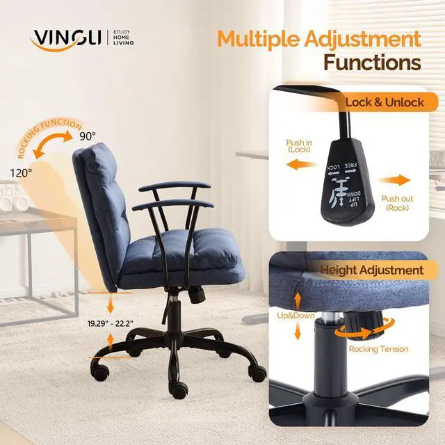 Alt view image 5 of 6 - Comfortable Office Desk Chairs with/No Wheels,Dual-Base,Removable Armrests,Adjustable Comfy Rolling Swivel Computer Nail Tech Chair for Office,Sewing,Makeup Vanity,Teen,Linen Fabric,Navy Blue