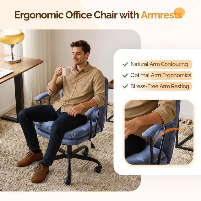 Alt view image 6 of 6 - Comfortable Office Desk Chairs with/No Wheels,Dual-Base,Removable Armrests,Adjustable Comfy Rolling Swivel Computer Nail Tech Chair for Office,Sewing,Makeup Vanity,Teen,Linen Fabric,Navy Blue
