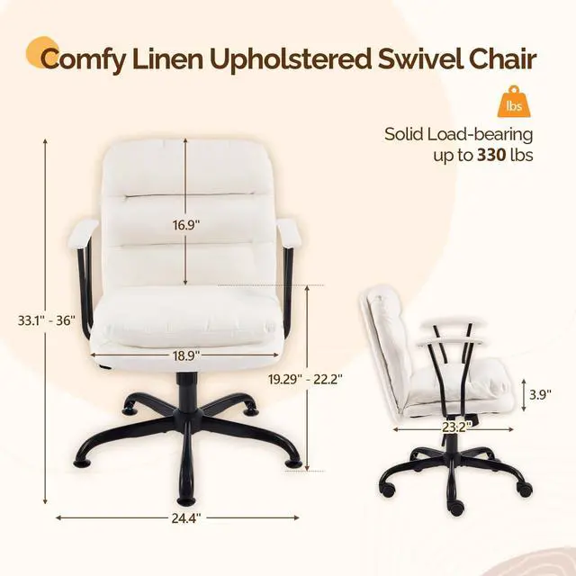 Alt view image 2 of 6 - Padded White Desk Chair with/No Wheels,Dual-Base,Removable Armrests,Adjustable Comfy Rolling Swivel Computer Task Nail Tech Chair for Home Office,Sewing,Makeup Vanity,Teen,Linen Fabric