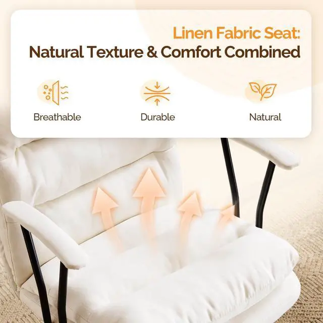 Alt view image 3 of 6 - Padded White Desk Chair with/No Wheels,Dual-Base,Removable Armrests,Adjustable Comfy Rolling Swivel Computer Task Nail Tech Chair for Home Office,Sewing,Makeup Vanity,Teen,Linen Fabric