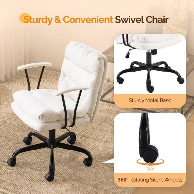 Alt view image 4 of 6 - Padded White Desk Chair with/No Wheels,Dual-Base,Removable Armrests,Adjustable Comfy Rolling Swivel Computer Task Nail Tech Chair for Home Office,Sewing,Makeup Vanity,Teen,Linen Fabric