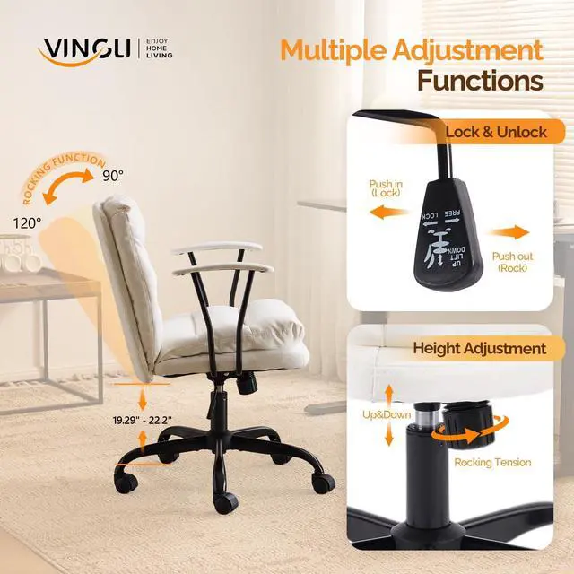 Alt view image 5 of 6 - Padded White Desk Chair with/No Wheels,Dual-Base,Removable Armrests,Adjustable Comfy Rolling Swivel Computer Task Nail Tech Chair for Home Office,Sewing,Makeup Vanity,Teen,Linen Fabric