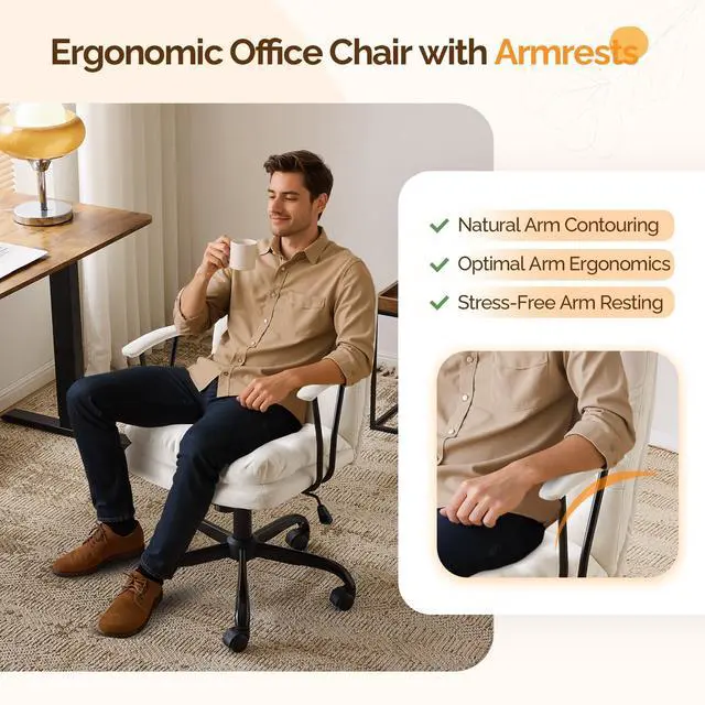 Alt view image 6 of 6 - Padded White Desk Chair with/No Wheels,Dual-Base,Removable Armrests,Adjustable Comfy Rolling Swivel Computer Task Nail Tech Chair for Home Office,Sewing,Makeup Vanity,Teen,Linen Fabric