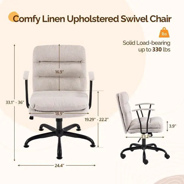 Alt view image 2 of 6 - Comfortable Office Desk Chairs with/No Wheels,Dual-Base,Removable Armrests,Adjustable Comfy Swivel Computer Task Nail Tech Chair for Office,Sewing,Makeup Vanity,Teen,Linen Fabric,Light Grey