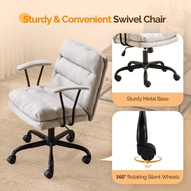 Alt view image 4 of 6 - Comfortable Office Desk Chairs with/No Wheels,Dual-Base,Removable Armrests,Adjustable Comfy Swivel Computer Task Nail Tech Chair for Office,Sewing,Makeup Vanity,Teen,Linen Fabric,Light Grey