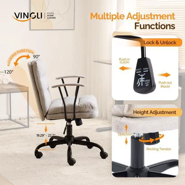 Alt view image 5 of 6 - Comfortable Office Desk Chairs with/No Wheels,Dual-Base,Removable Armrests,Adjustable Comfy Swivel Computer Task Nail Tech Chair for Office,Sewing,Makeup Vanity,Teen,Linen Fabric,Light Grey