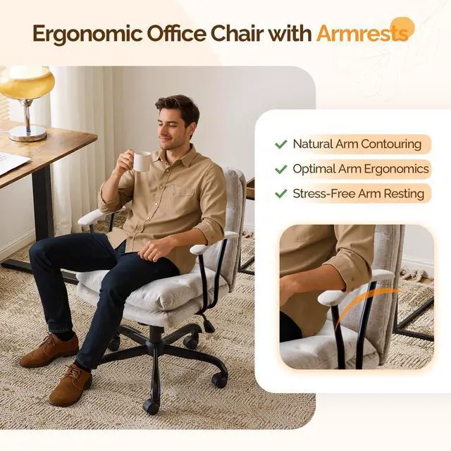 Alt view image 6 of 6 - Comfortable Office Desk Chairs with/No Wheels,Dual-Base,Removable Armrests,Adjustable Comfy Swivel Computer Task Nail Tech Chair for Office,Sewing,Makeup Vanity,Teen,Linen Fabric,Light Grey