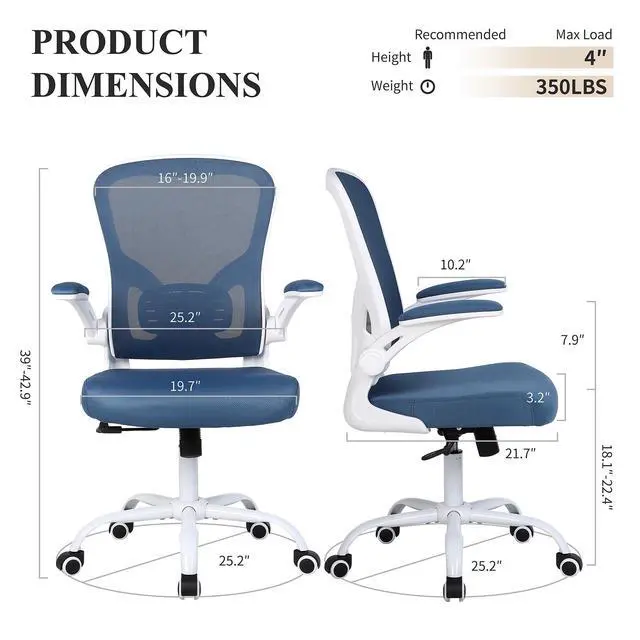 Alt view image 3 of 6 - Mesh Office Chair, Ergonomic Computer Desk Chairs for Home Office - with Comfy/Comfortable Flip-up Arm Rests, Lumbar Support, Height Adjustable, 360 Degree Rolling Swivel (Blue)