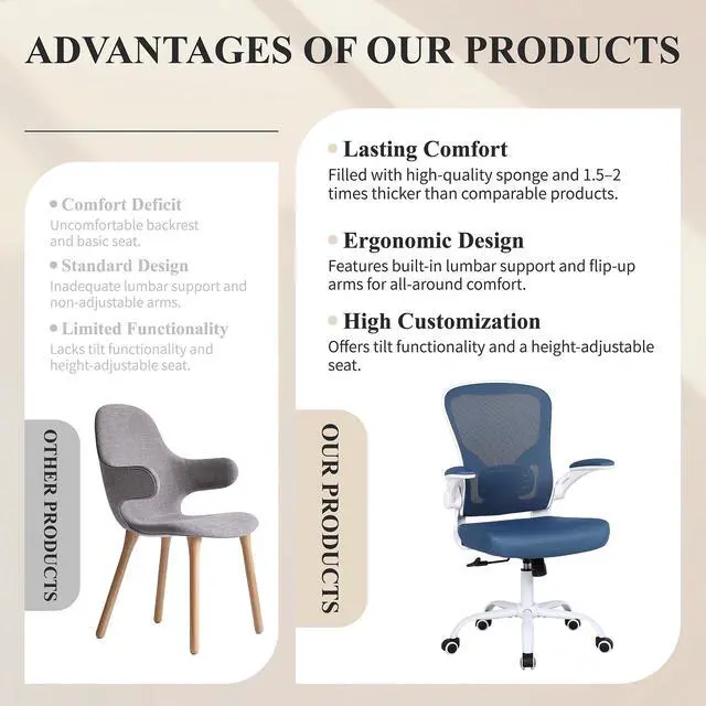 Alt view image 4 of 6 - Mesh Office Chair, Ergonomic Computer Desk Chairs for Home Office - with Comfy/Comfortable Flip-up Arm Rests, Lumbar Support, Height Adjustable, 360 Degree Rolling Swivel (Blue)