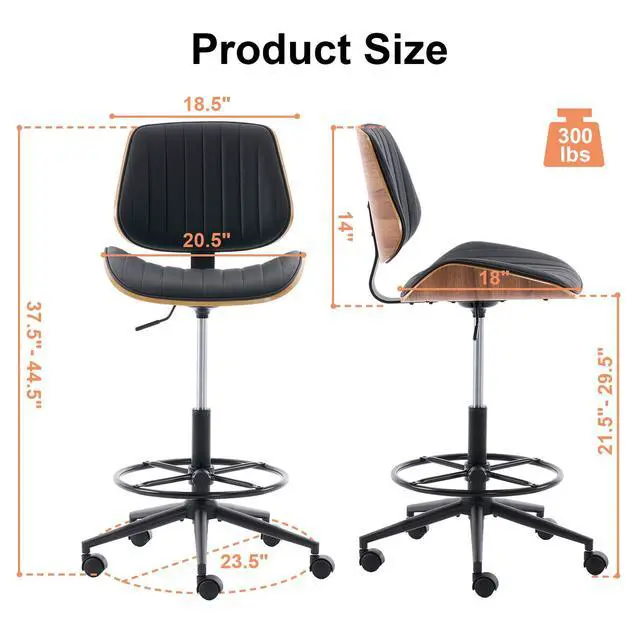 Alt view image 2 of 6 - Drafting Chair, Ergonomic Office Chair with Walnut Wood Back Support, Armless PU Leather Desk Chair with Height-Adjustable, Thick Cushion for Home, Bar, Drafting, Office (Black)