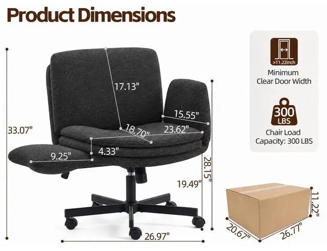 Alt view image 2 of 6 - Criss Cross Chair with 5-Gear Adjustable Armrests & Wheels, Ergonomic Airbag Back Support Swivel Desk Chair for Home Office, Vanity, Bedroom and Living Room,Dark Grey