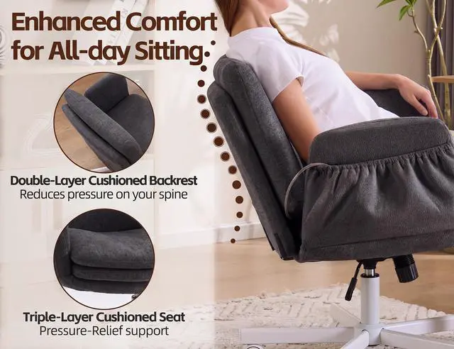 Alt view image 3 of 6 - Criss Cross Chair with 5-Gear Adjustable Armrests & Wheels, Ergonomic Airbag Back Support Swivel Desk Chair for Home Office, Vanity, Bedroom and Living Room,Dark Grey